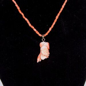 SOLD Vintage Angel Skin Coral Rice Style Beaded Necklace Carved Rose Pendant